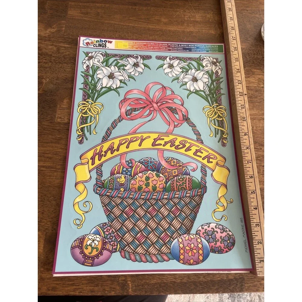 3 Vintage Easter Vinyl Window Clings Holographic Stained Glass Bunny Holiday